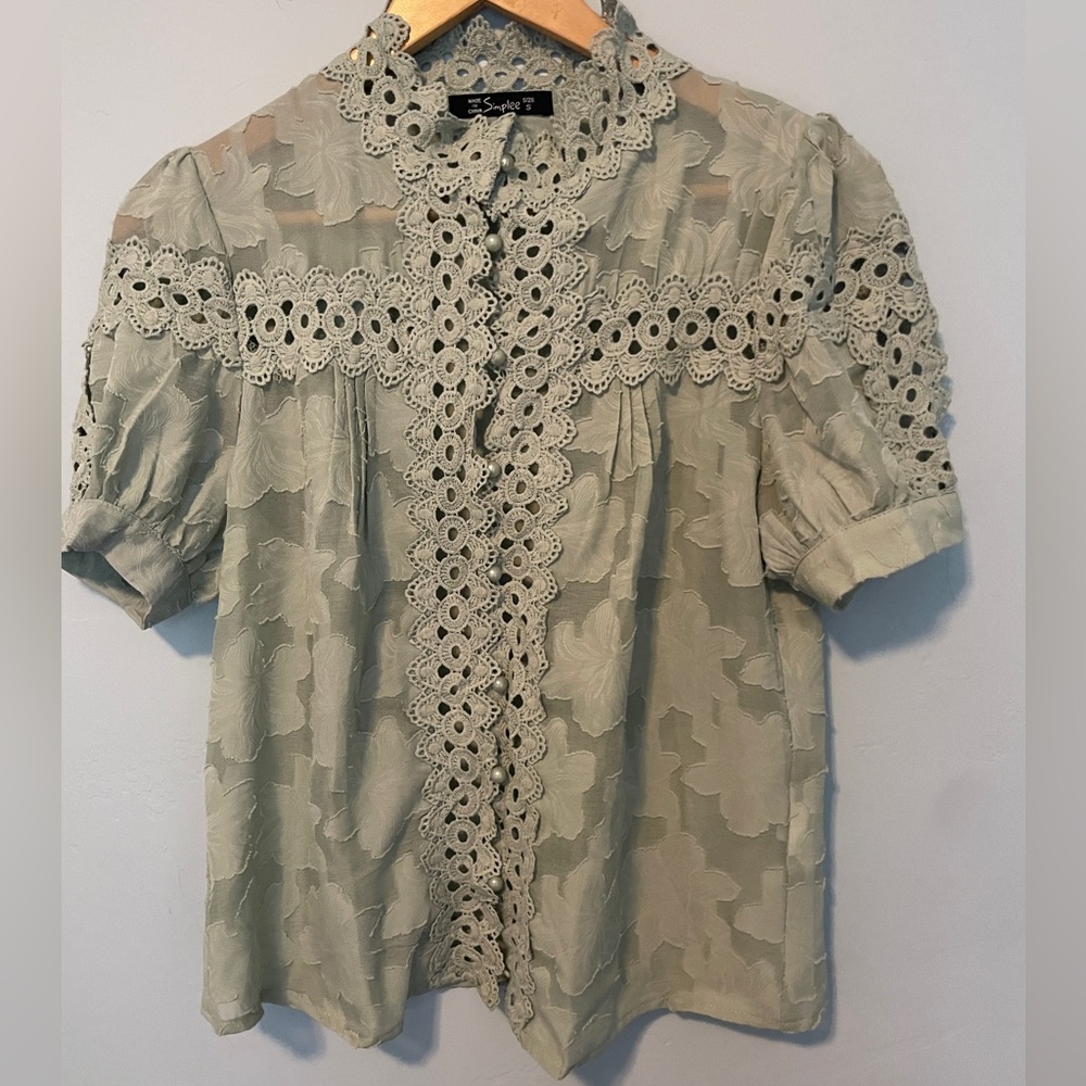 SHEIN Simplee Jacquard Lace Puff Sleeve Blouse